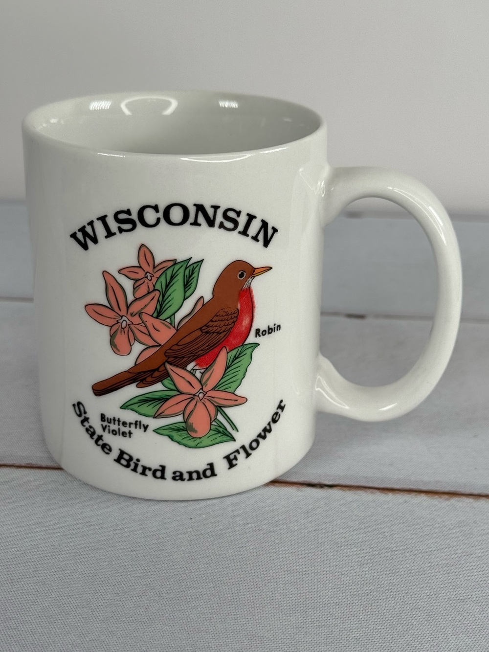 Vintage Wisconsin State Bird & Flower Souvenir Mug Robin Butterfly Violet